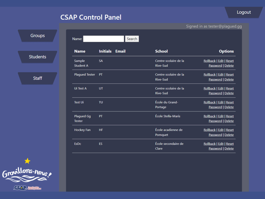 CSAP control panel listing students, schools and staff